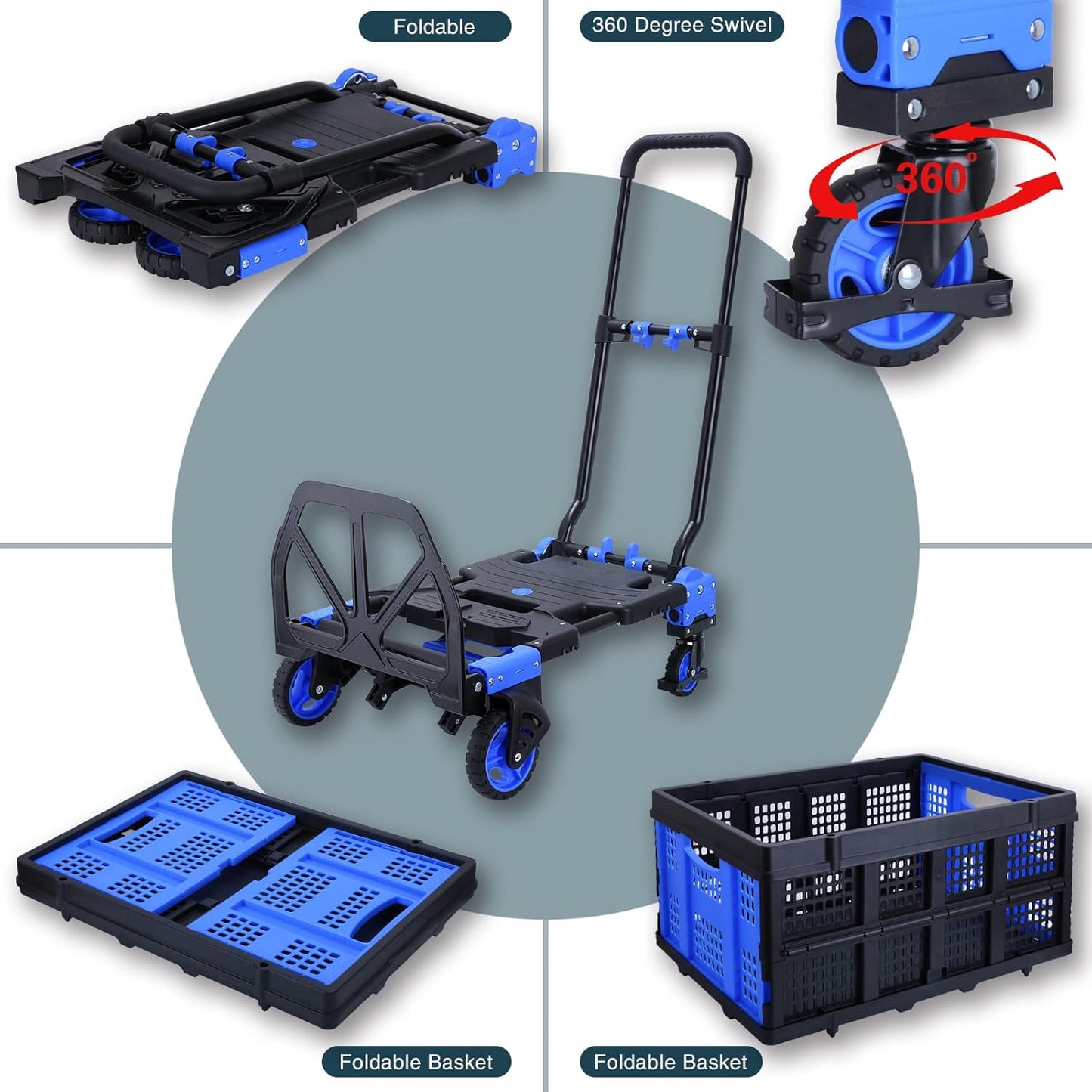2 in 1 Folding Hand Truck Dolly with Folding Basket, 330LBS Capacity Moving Cart with Wheels, Multifunctional Platform Truck, Hand Truck Foldable with 4 Wheels and Retractable Handle