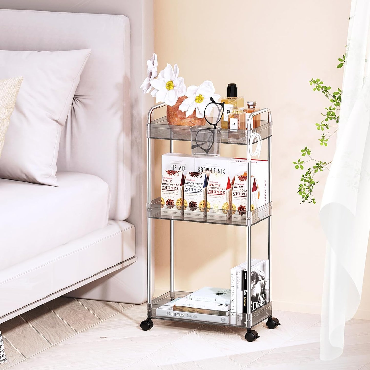 LLMRR 3-Tier Acrylic Storage Rolling Cart Bathroom Cart Organizer, Transparency Laundry Room Organization Mobile Shelving Unit Multifunction Rolling Utility Cart