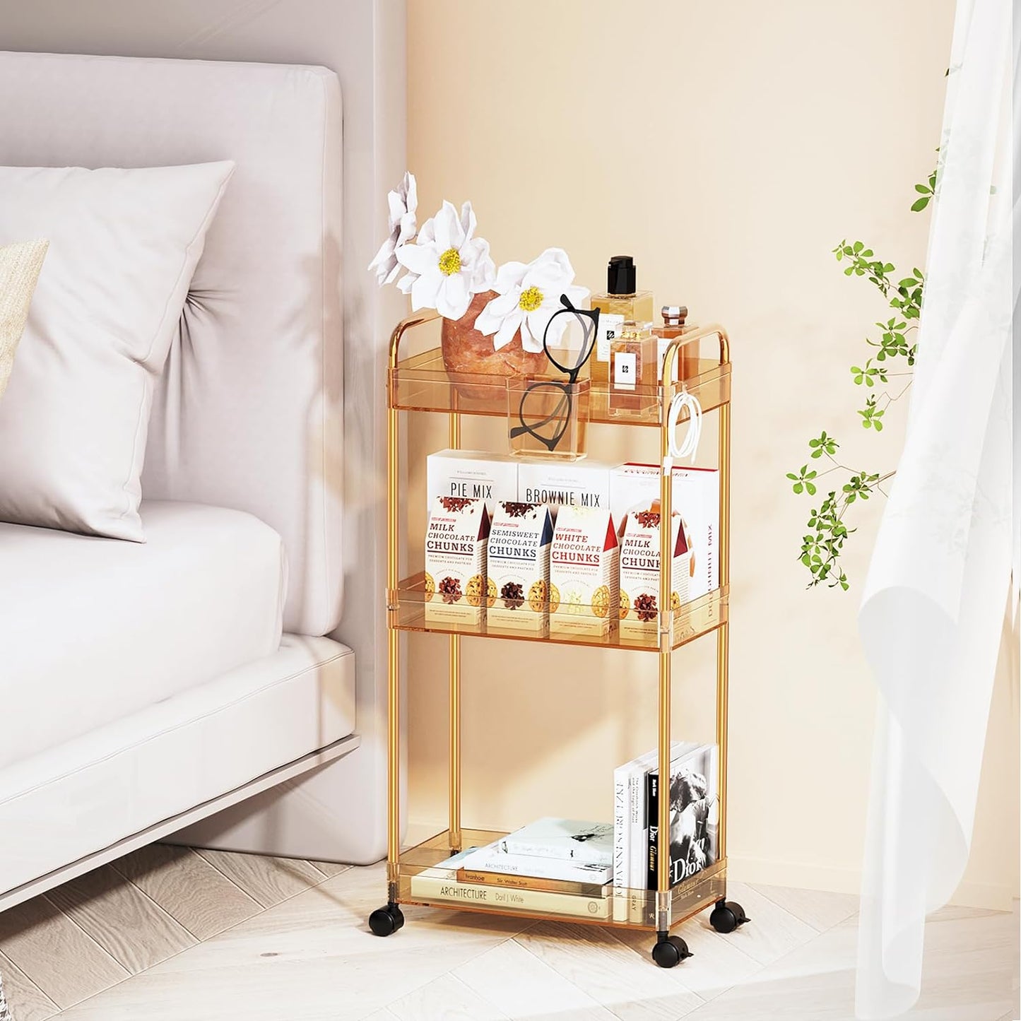 LLMRR 3-Tier Acrylic Storage Rolling Cart Bathroom Cart Organizer, Transparency Laundry Room Organization Mobile Shelving Unit Multifunction Rolling Utility Cart