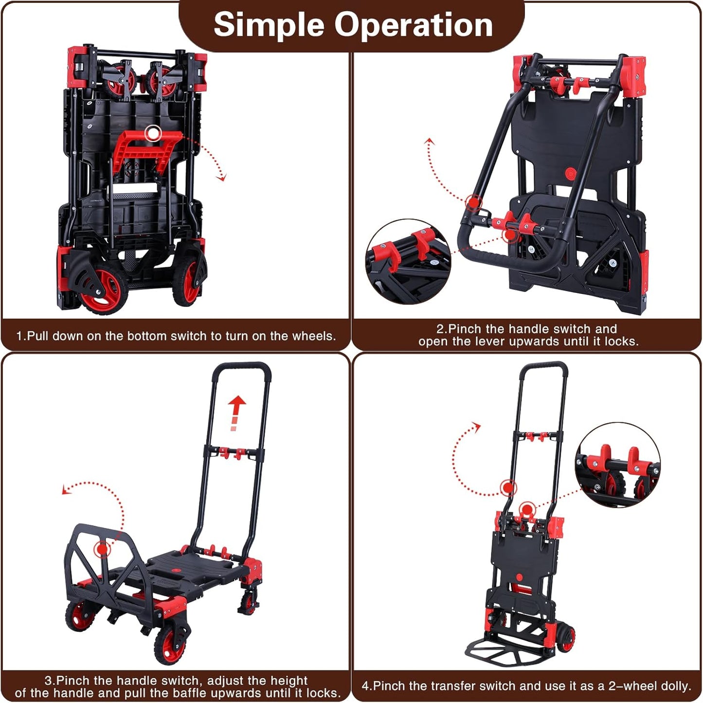 2 in 1 Folding Hand Truck Dolly with Folding Basket, 330LBS Capacity Moving Cart with Wheels, Multifunctional Platform Truck, Hand Truck Foldable with 4 Wheels and Retractable Handle