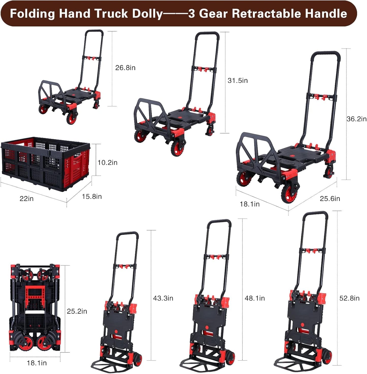 2 in 1 Folding Hand Truck Dolly with Folding Basket, 330LBS Capacity Moving Cart with Wheels, Multifunctional Platform Truck, Hand Truck Foldable with 4 Wheels and Retractable Handle