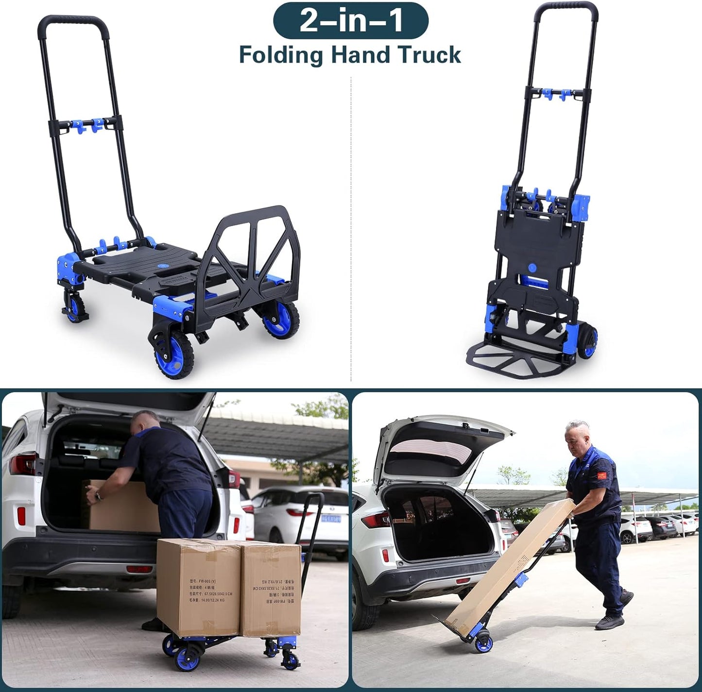 2 in 1 Folding Hand Truck Dolly with Folding Basket, 330LBS Capacity Moving Cart with Wheels, Multifunctional Platform Truck, Hand Truck Foldable with 4 Wheels and Retractable Handle