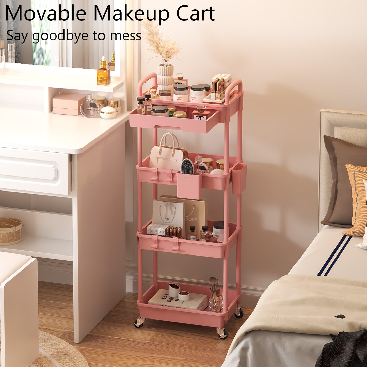 4 Tier Rolling Cart with Drawer, Utility cart with Handle, Bathroom Cart, Snack Cart, Storage Organizer with Lockable Wheels, Rolling Storage Cart for Kitchen, Bathroom, Office, 4 Tier