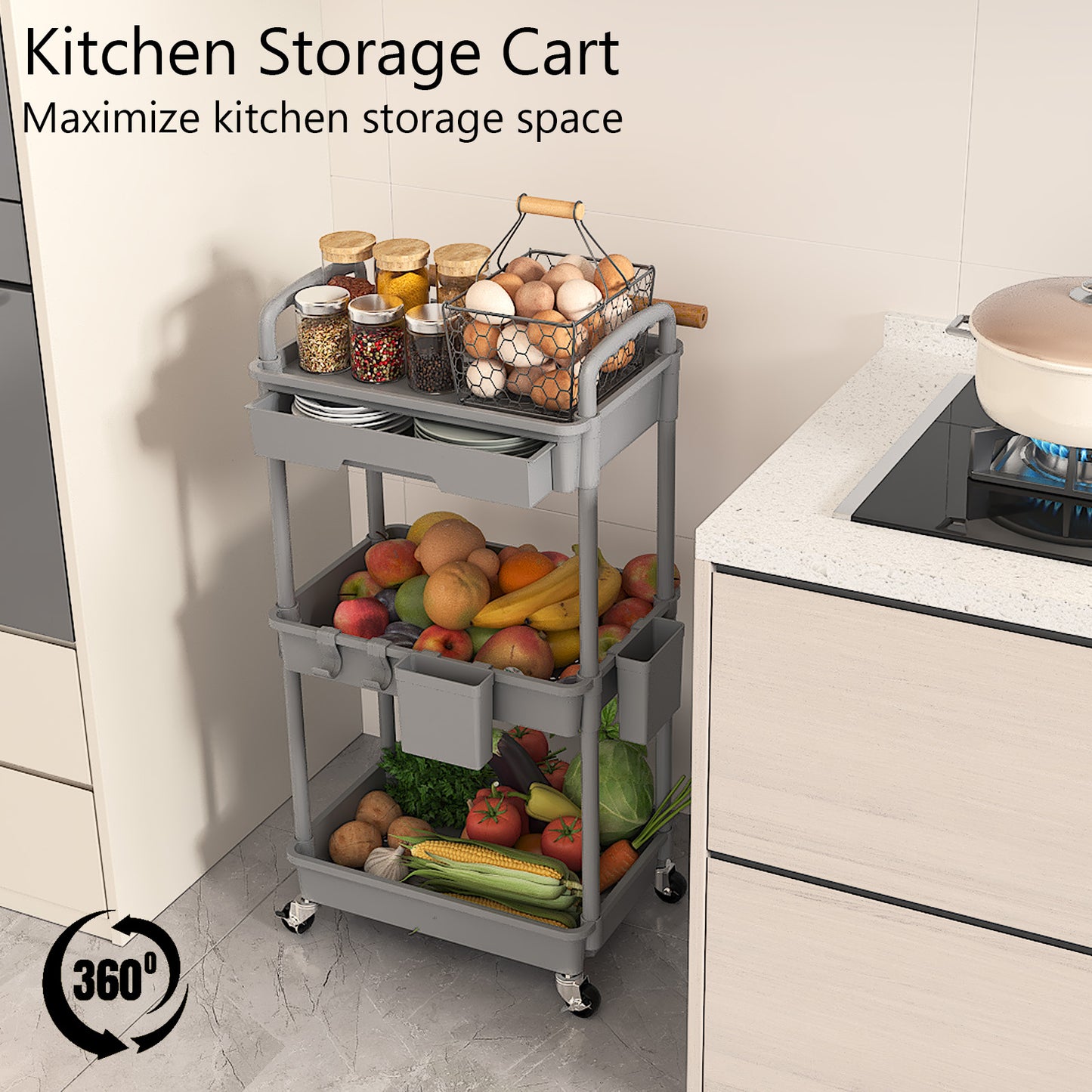 3 Tier Rolling Cart with Drawer, Utility cart with Handle, Bathroom Cart, Snack Cart, Storage Organizer with Lockable Wheels, Rolling Storage Cart for Kitchen, Bathroom, Office, 3 Tier