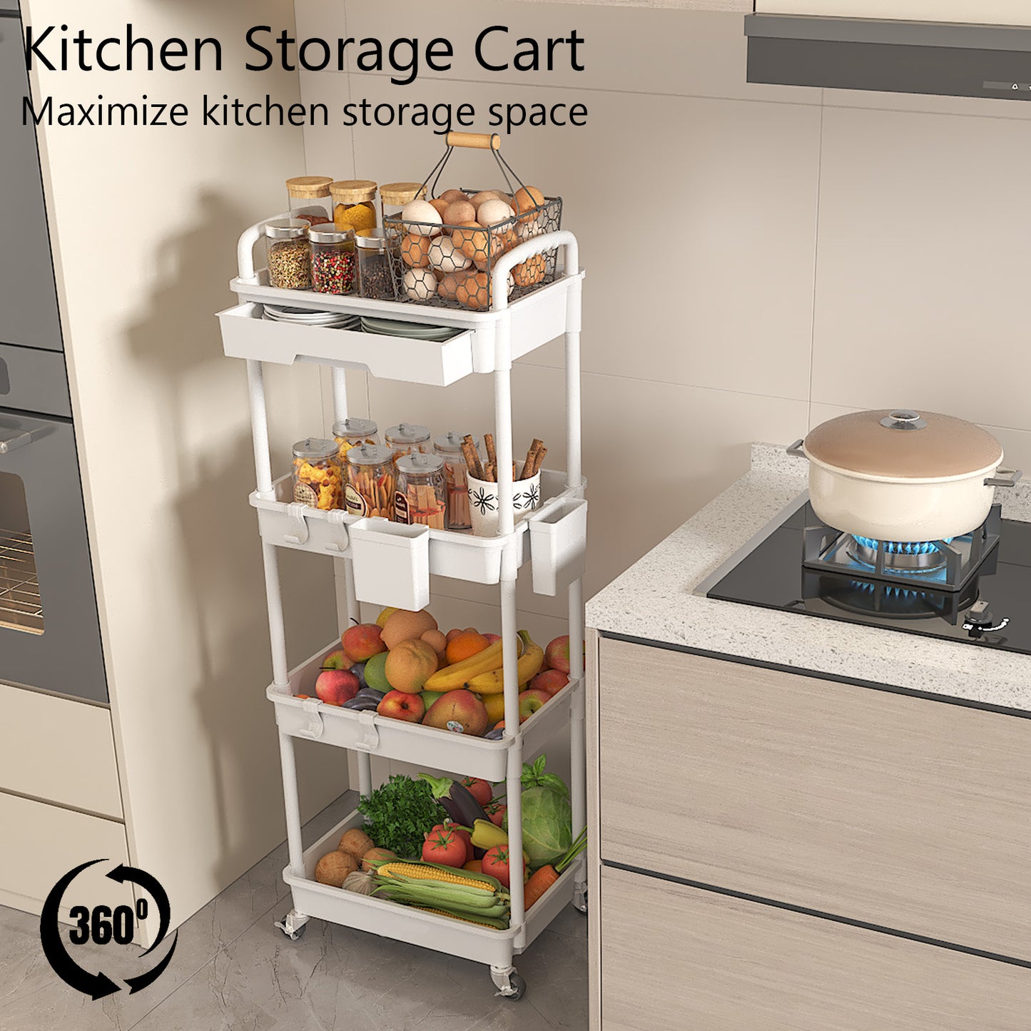 4 Tier Rolling Cart with Drawer, Utility cart with Handle, Bathroom Cart, Snack Cart, Storage Organizer with Lockable Wheels, Rolling Storage Cart for Kitchen, Bathroom, Office, 4 Tier