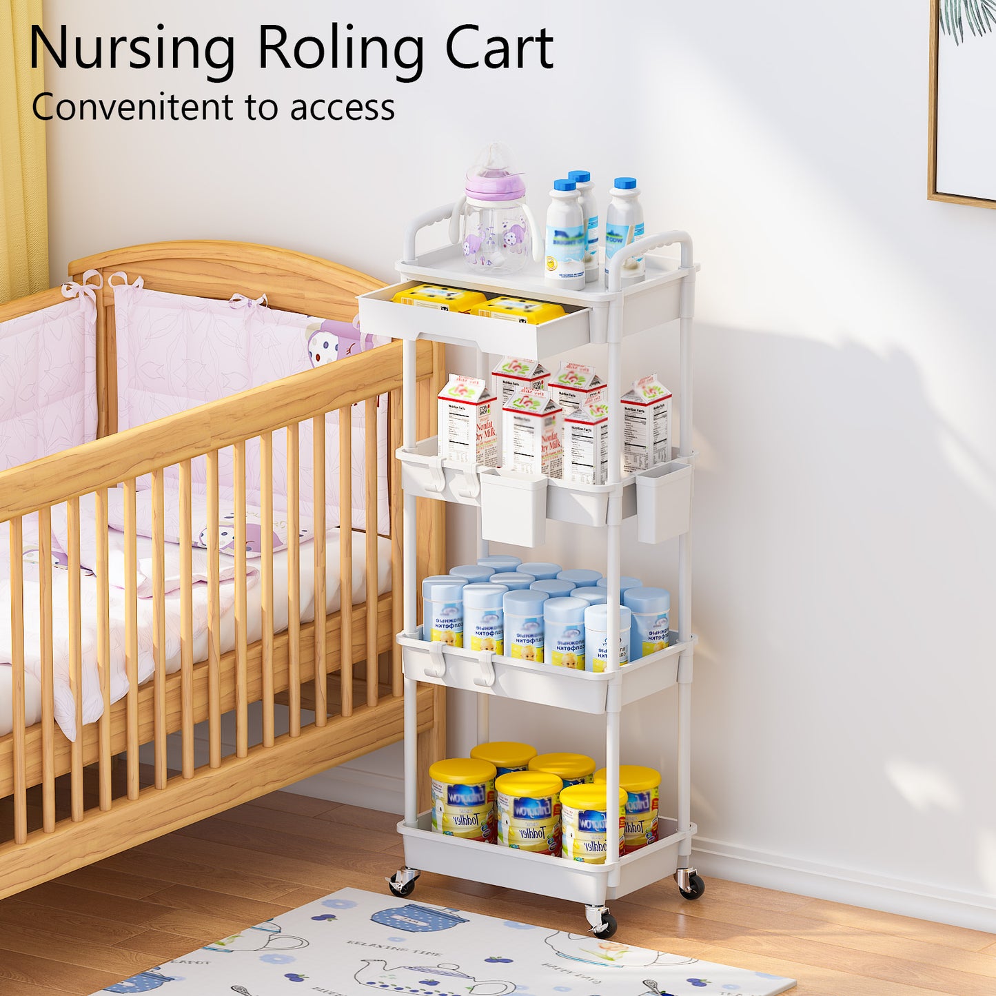 4 Tier Rolling Cart with Drawer, Utility cart with Handle, Bathroom Cart, Snack Cart, Storage Organizer with Lockable Wheels, Rolling Storage Cart for Kitchen, Bathroom, Office, 4 Tier