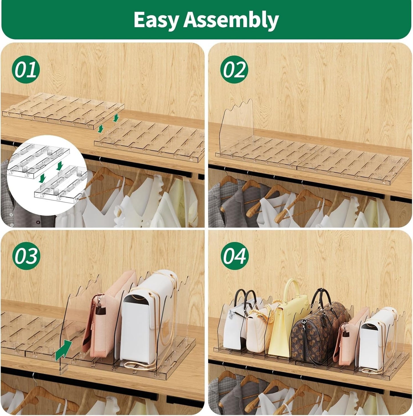 LLMRR Bag & Purse Organizer for Closet, Adjust	able Shelf Divider for Closet, Acrylic Handbag Separators Storage Organizer, Bookshelf Separator Divider for Bedroom, Living Room, Office