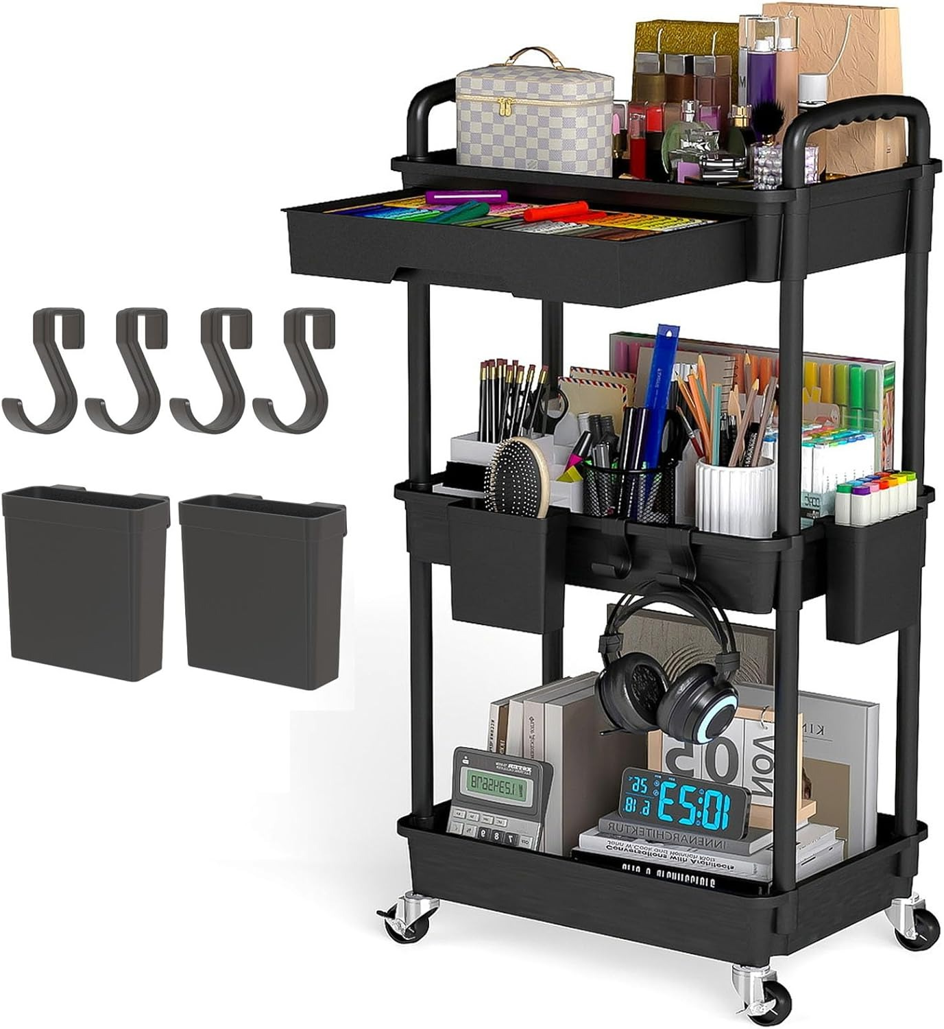 3 Tier Rolling Cart with Drawer, Utility cart with Handle, Bathroom Cart, Snack Cart, Storage Organizer with Lockable Wheels, Rolling Storage Cart for Kitchen, Bathroom, Office, 3 Tier