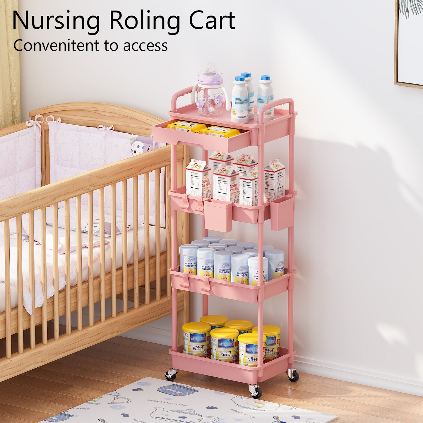 4 Tier Rolling Cart with Drawer, Utility cart with Handle, Bathroom Cart, Snack Cart, Storage Organizer with Lockable Wheels, Rolling Storage Cart for Kitchen, Bathroom, Office, 4 Tier