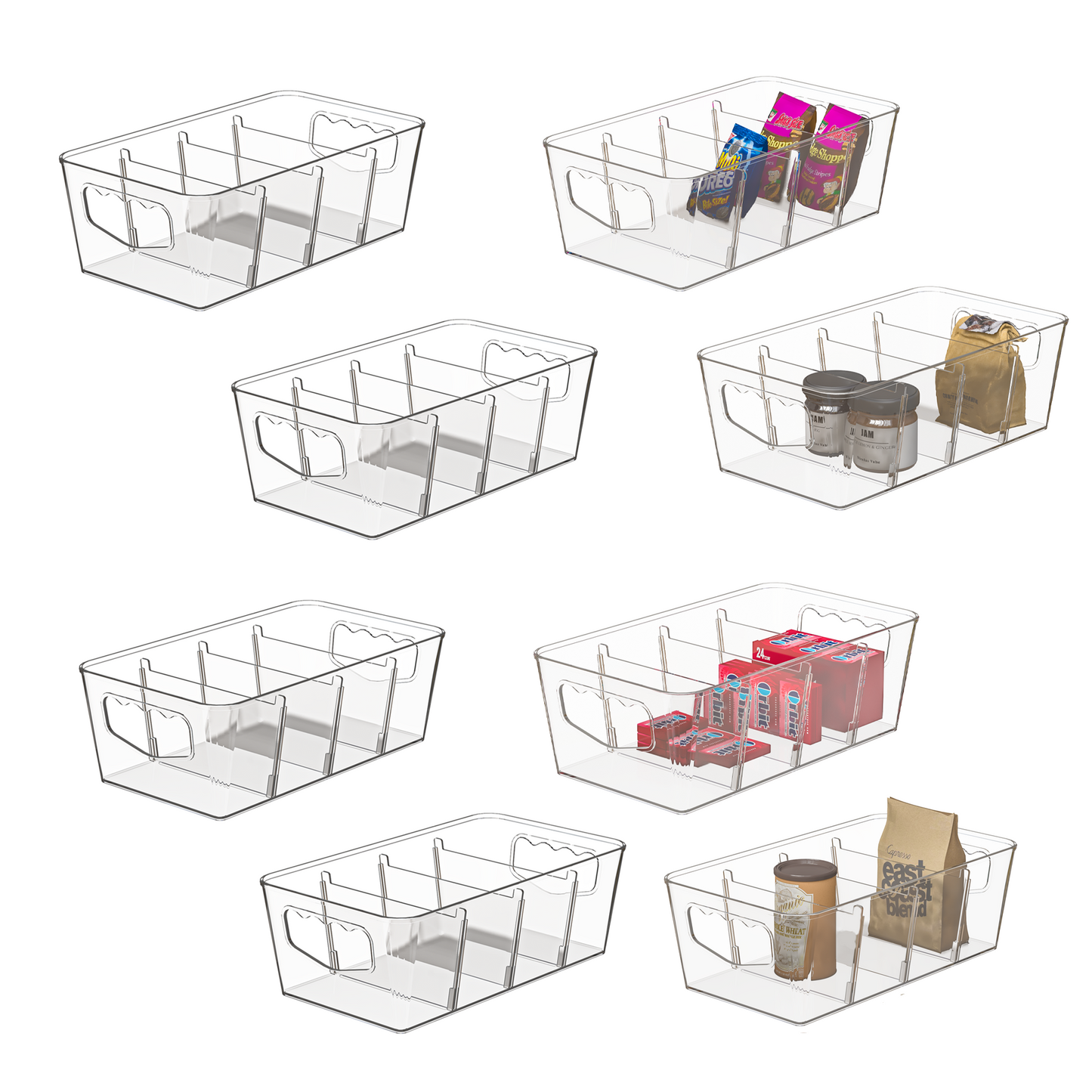 LLMRR Clear Storage Organizer, Clear Storage Bins, Plastic Storage Baskets with Removable Dividers, Plastic Storage Containers with Handles for Fridge, Pantry, Cabinet, Kitchen