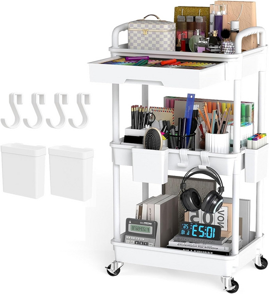 3 Tier Rolling Cart with Drawer, Utility cart with Handle, Bathroom Cart, Snack Cart, Storage Organizer with Lockable Wheels, Rolling Storage Cart for Kitchen, Bathroom, Office, 3 Tier