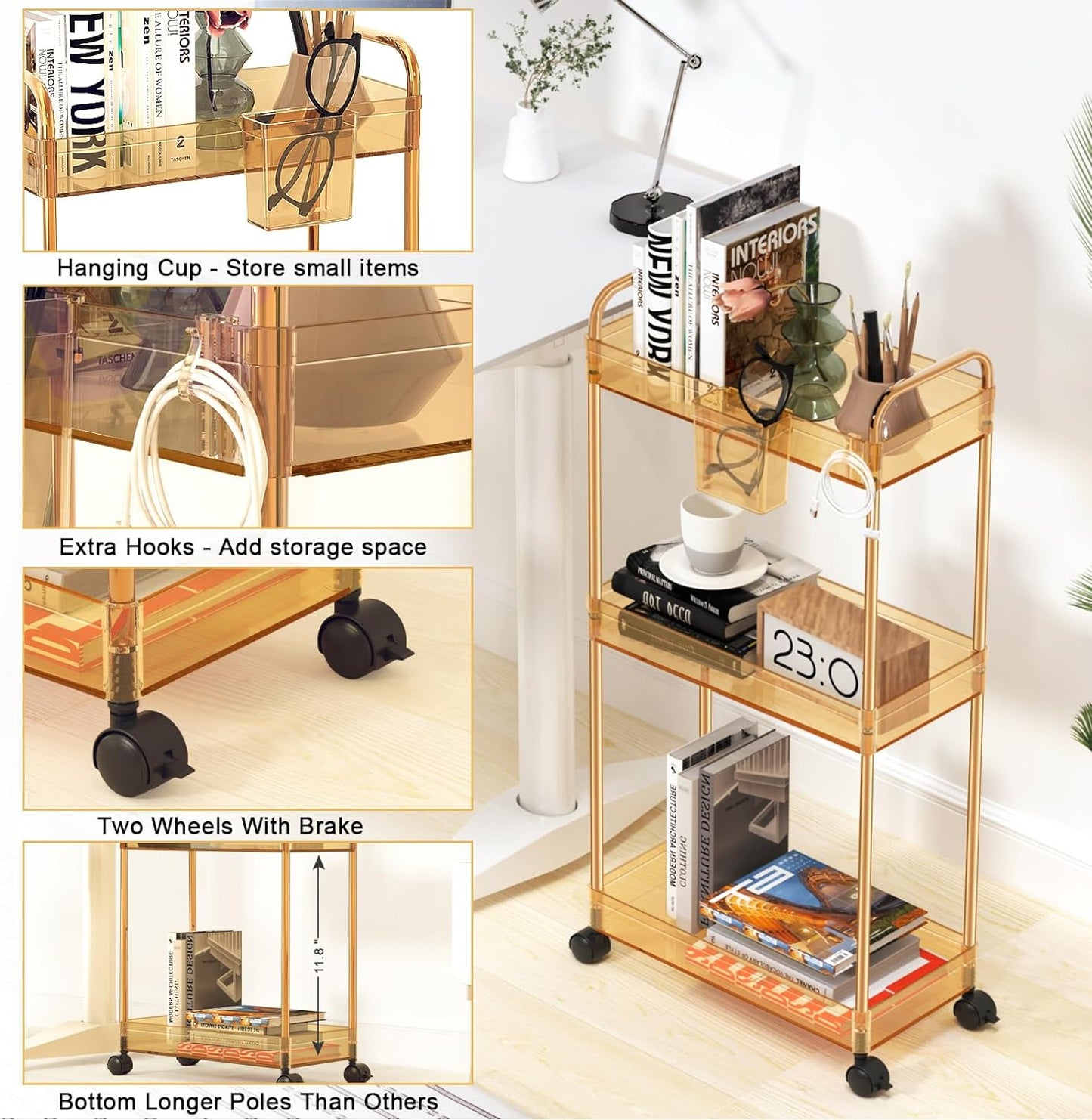 LLMRR 3-Tier Acrylic Storage Rolling Cart Bathroom Cart Organizer, Transparency Laundry Room Organization Mobile Shelving Unit Multifunction Rolling Utility Cart