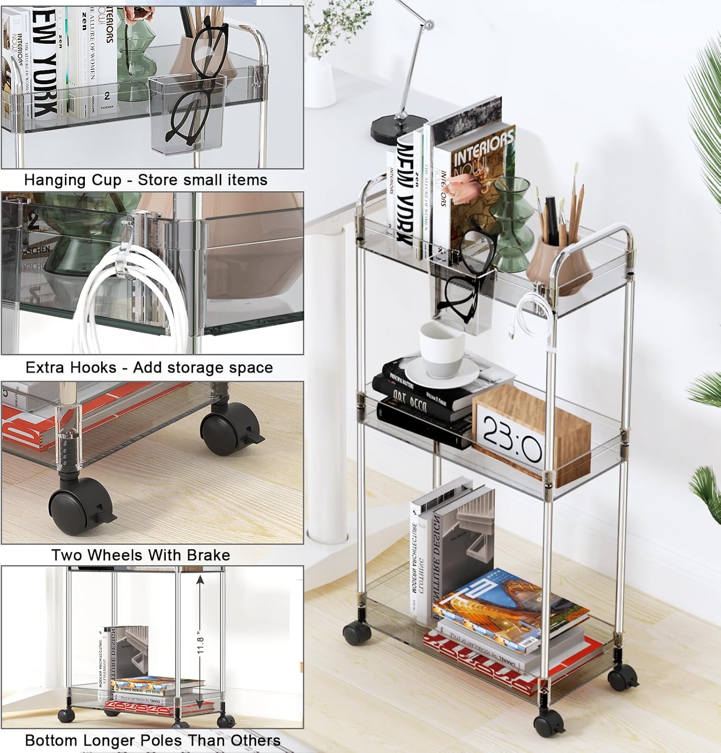 LLMRR 3-Tier Acrylic Storage Rolling Cart Bathroom Cart Organizer, Transparency Laundry Room Organization Mobile Shelving Unit Multifunction Rolling Utility Cart