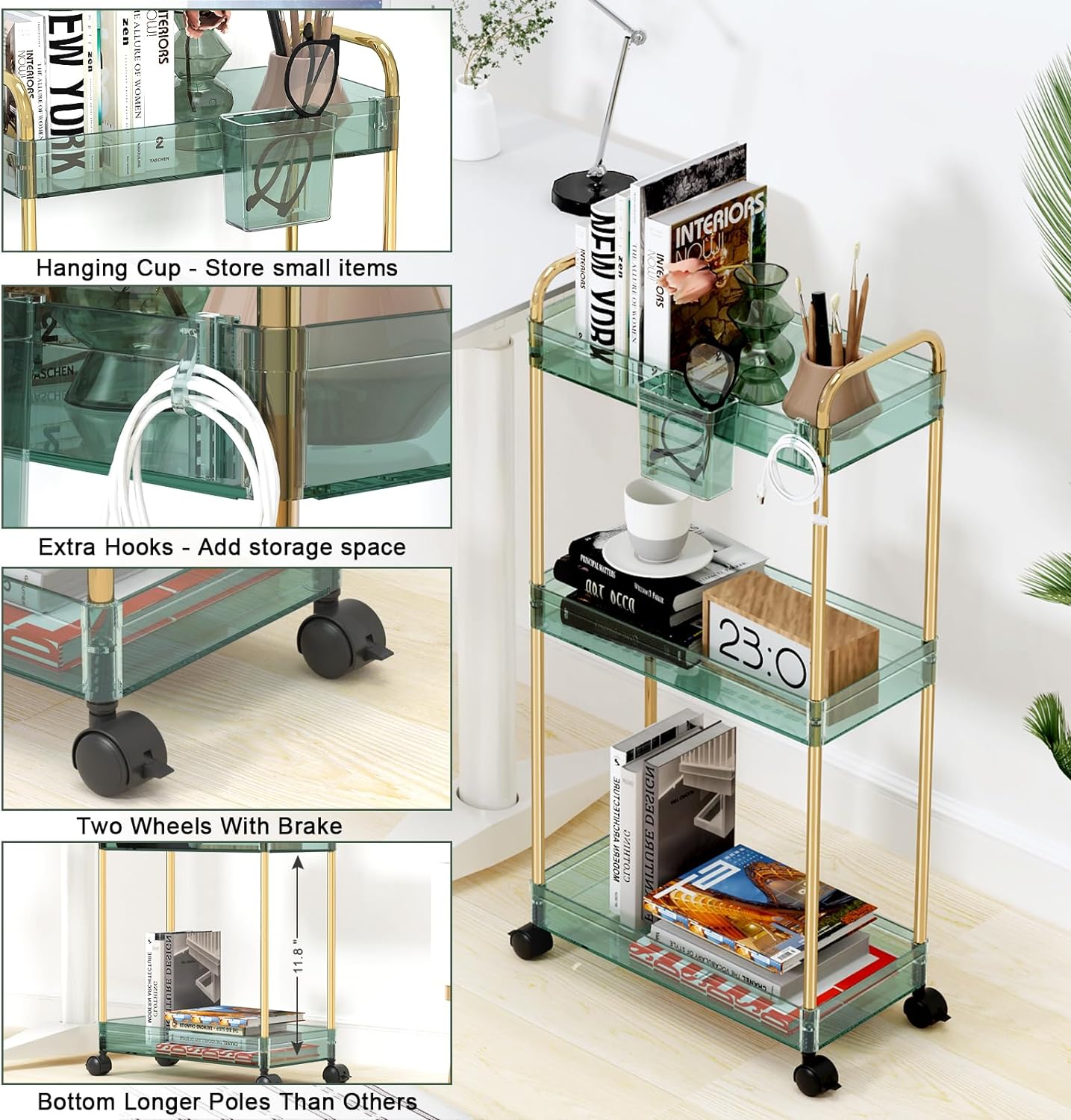 LLMRR 3-Tier Acrylic Storage Rolling Cart Bathroom Cart Organizer, Transparency Laundry Room Organization Mobile Shelving Unit Multifunction Rolling Utility Cart