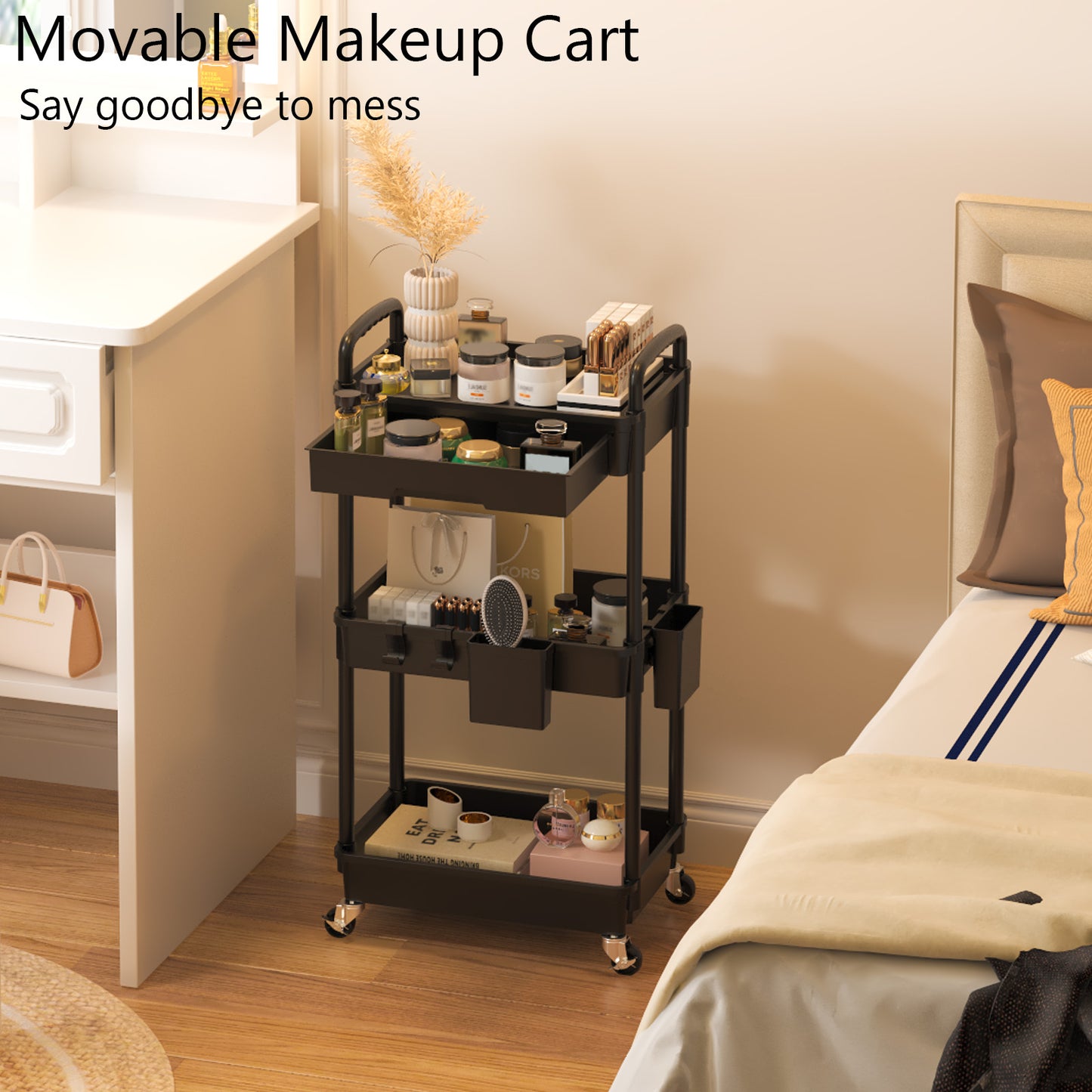 3 Tier Rolling Cart with Drawer, Utility cart with Handle, Bathroom Cart, Snack Cart, Storage Organizer with Lockable Wheels, Rolling Storage Cart for Kitchen, Bathroom, Office, 3 Tier