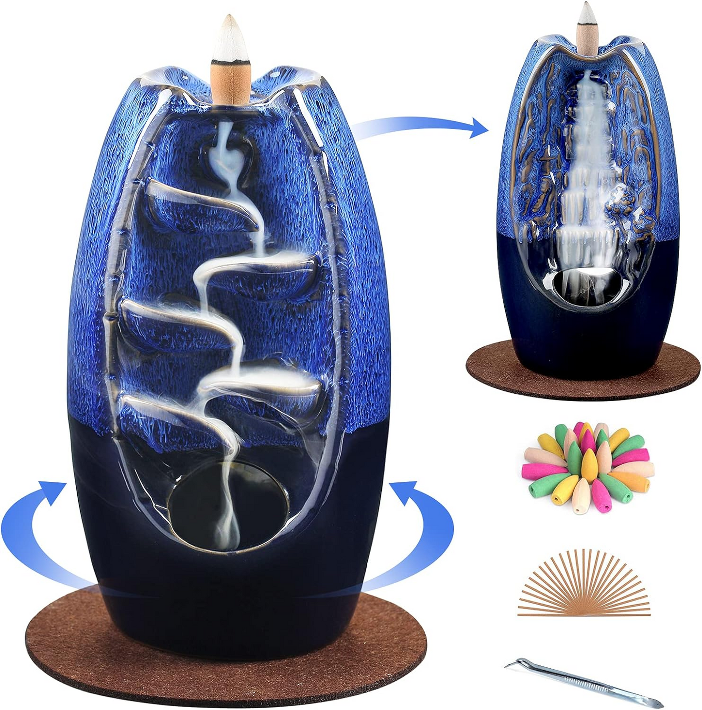 LLMRR Ceramic Waterfall Incense Burner, Backflow Incense Burner, Ornament Home Decor with 30 Incense Stick & 120 Backflow Incense Cones, 	Aromatherapy Ornament for Office, Yoga Room