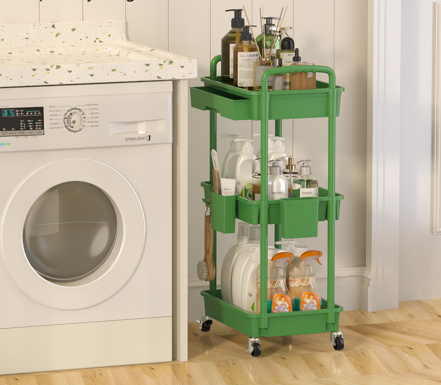 3 Tier Rolling Cart with Drawer, Utility cart with Handle, Bathroom Cart, Snack Cart, Storage Organizer with Lockable Wheels, Rolling Storage Cart for Kitchen, Bathroom, Office, 3 Tier