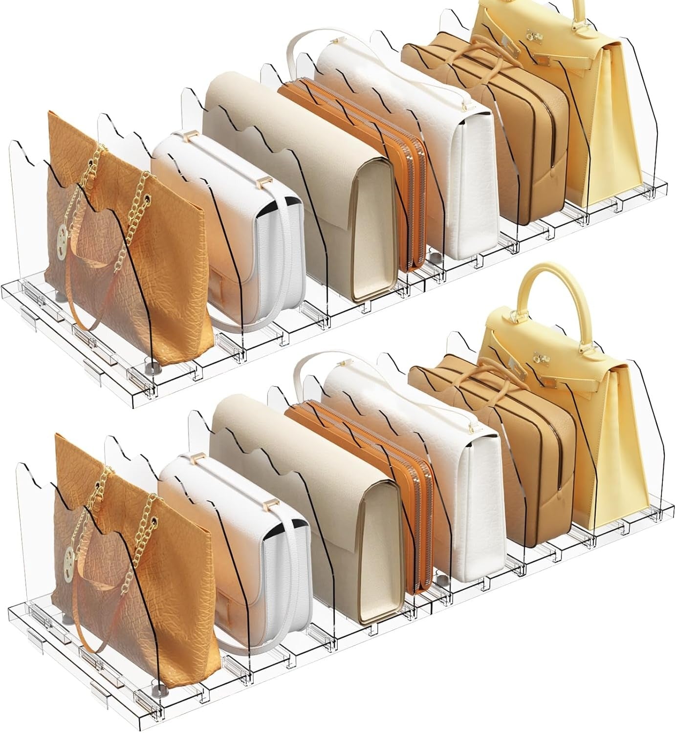 LLMRR Bag & Purse Organizer for Closet, Adjust	able Shelf Divider for Closet, Acrylic Handbag Separators Storage Organizer, Bookshelf Separator Divider for Bedroom, Living Room, Office