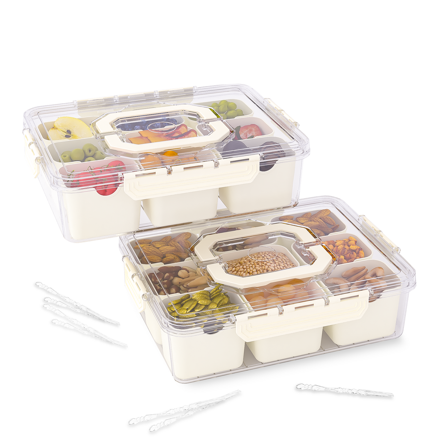 LLMRR Snackle Box Container, Divided Serving Tray with Lid and Handle, Portable Clear Snackle Box, Snack Box & Fruit Tray for Road Travel, Party, Veggie, Fruit, Candy