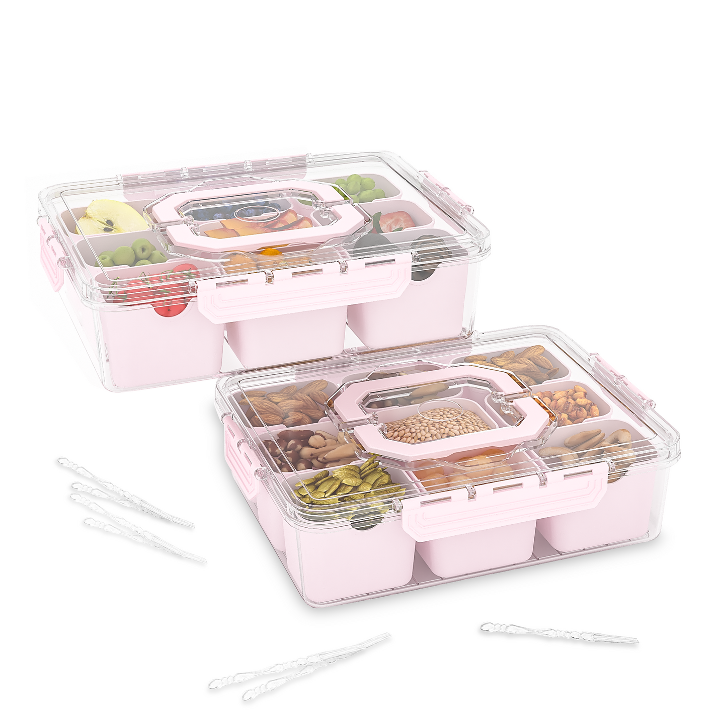 LLMRR Snackle Box Container, Divided Serving Tray with Lid and Handle, Portable Clear Snackle Box, Snack Box & Fruit Tray for Road Travel, Party, Veggie, Fruit, Candy