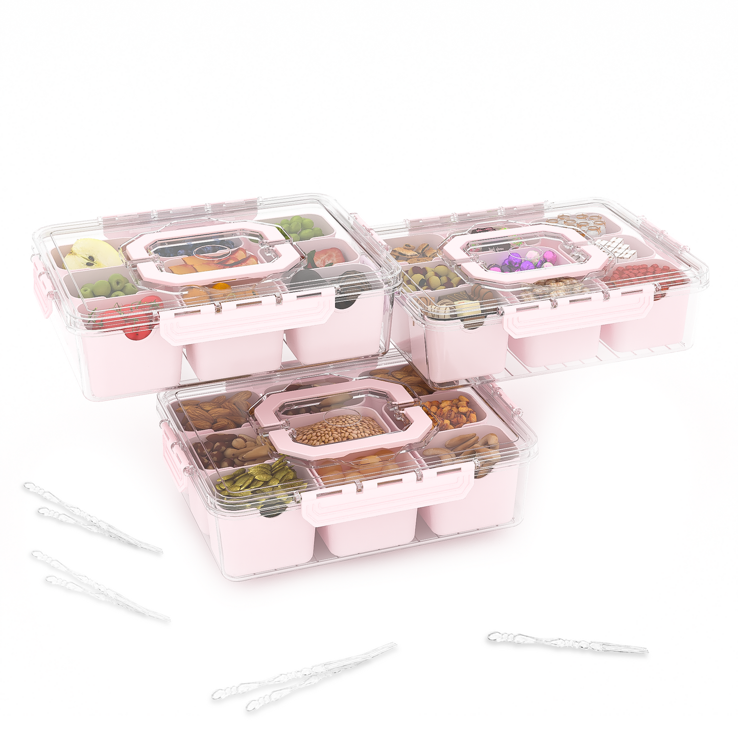 LLMRR Snackle Box Container, Divided Serving Tray with Lid and Handle, Portable Clear Snackle Box, Snack Box & Fruit Tray for Road Travel, Party, Veggie, Fruit, Candy