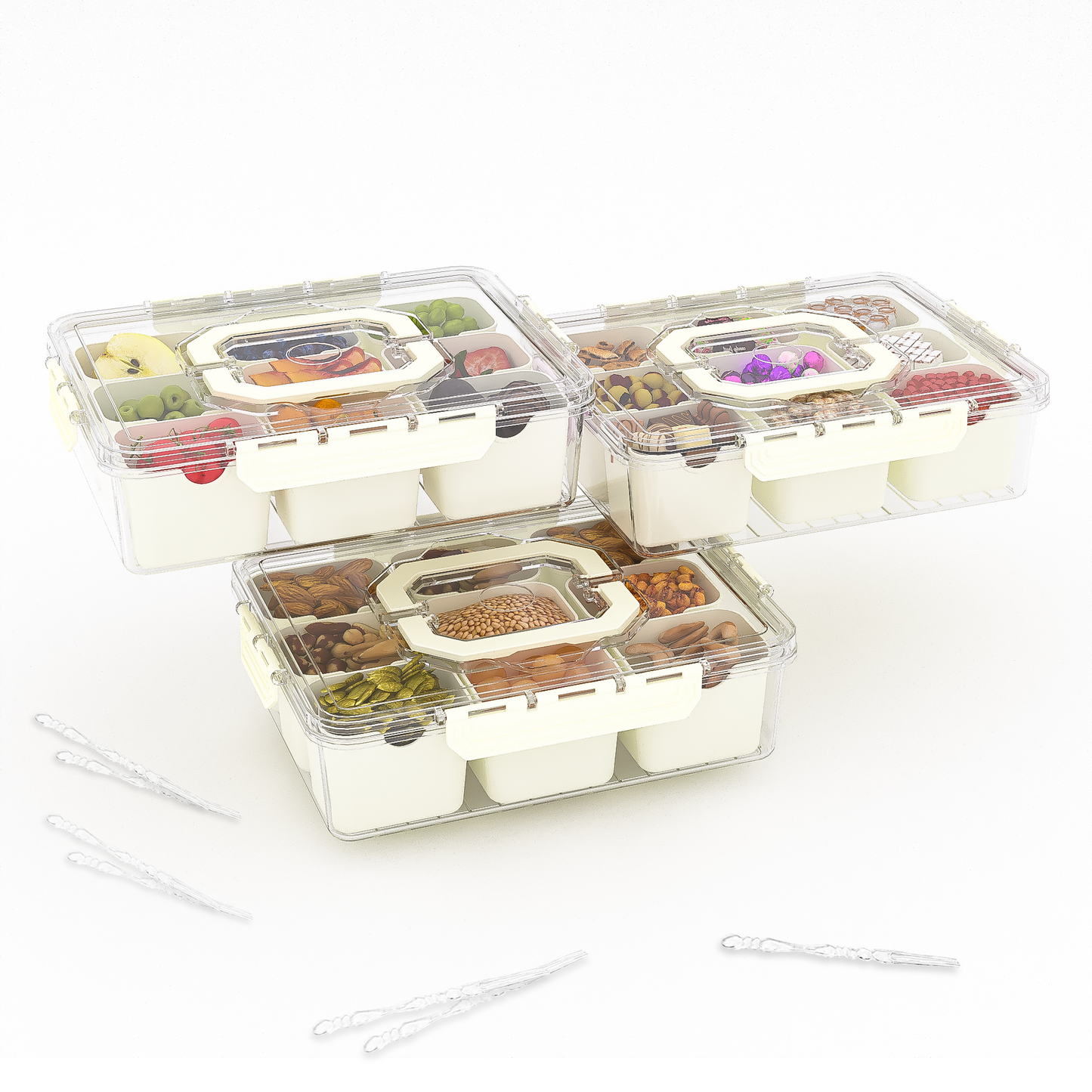 LLMRR Snackle Box Container, Divided Serving Tray with Lid and Handle, Portable Clear Snackle Box, Snack Box & Fruit Tray for Road Travel, Party, Veggie, Fruit, Candy