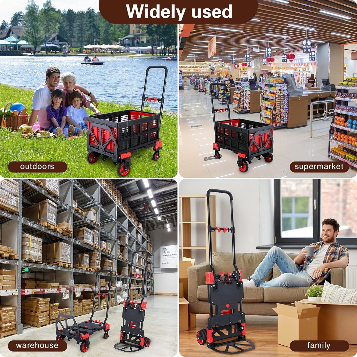 2 in 1 Folding Hand Truck Dolly with Folding Basket, 330LBS Capacity Moving Cart with Wheels, Multifunctional Platform Truck, Hand Truck Foldable with 4 Wheels and Retractable Handle