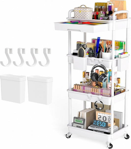 4 Tier Rolling Cart with Drawer, Utility cart with Handle, Bathroom Cart, Snack Cart, Storage Organizer with Lockable Wheels, Rolling Storage Cart for Kitchen, Bathroom, Office, 4 Tier