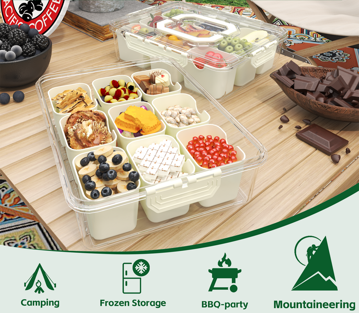 LLMRR Snackle Box Container, Divided Serving Tray with Lid and Handle, Portable Clear Snackle Box, Snack Box & Fruit Tray for Road Travel, Party, Veggie, Fruit, Candy