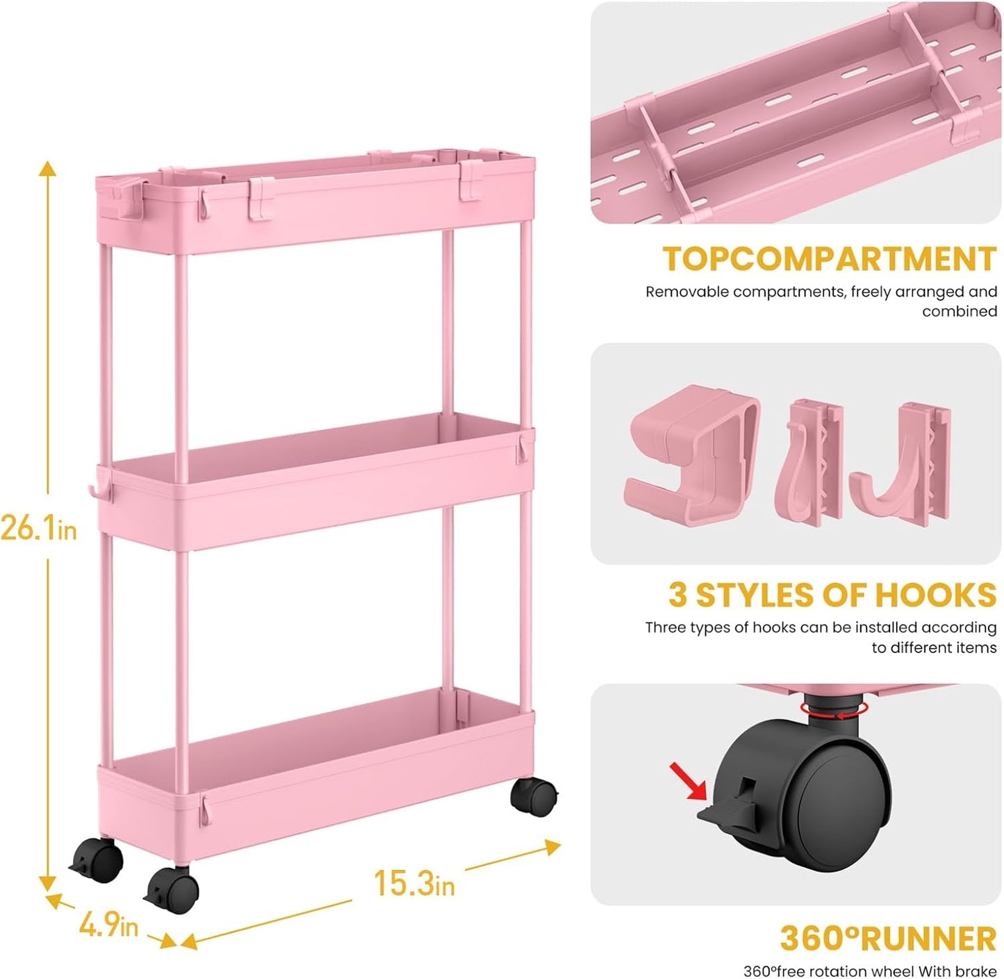 SPACELEAD Slim Rolling Cart, Bathroom Storage Cart with Lockable Wheels, Storage Organizer, Mobile Shelving Unit Cart for Bathroom, Laundry Room, Kitchen and Office