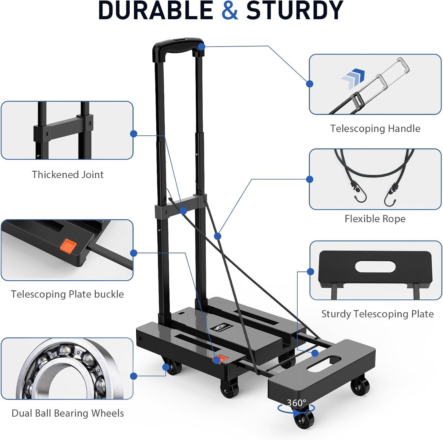 Foldable Dolly, Heavy Duty Dolly Cart, Folding Hand Truck with 6 Wheels & 2 Elastic Ropes, 500 LB Dolly Cart Capacity Portable Luggage Cart for Moving, Traveling and Shopping