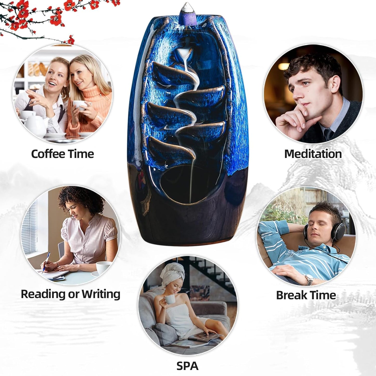 LLMRR Ceramic Waterfall Incense Burner, Backflow Incense Burner, Ornament Home Decor with 30 Incense Stick & 120 Backflow Incense Cones, 	Aromatherapy Ornament for Office, Yoga Room
