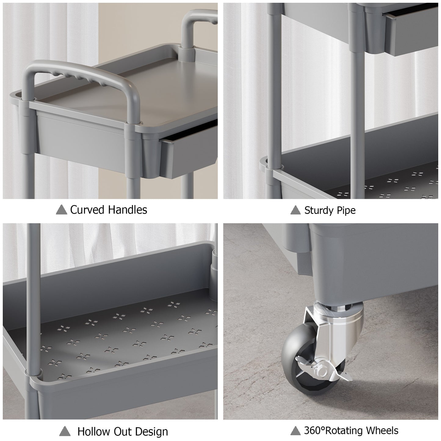 4 Tier Rolling Cart with Drawer, Utility cart with Handle, Bathroom Cart, Snack Cart, Storage Organizer with Lockable Wheels, Rolling Storage Cart for Kitchen, Bathroom, Office, 4 Tier