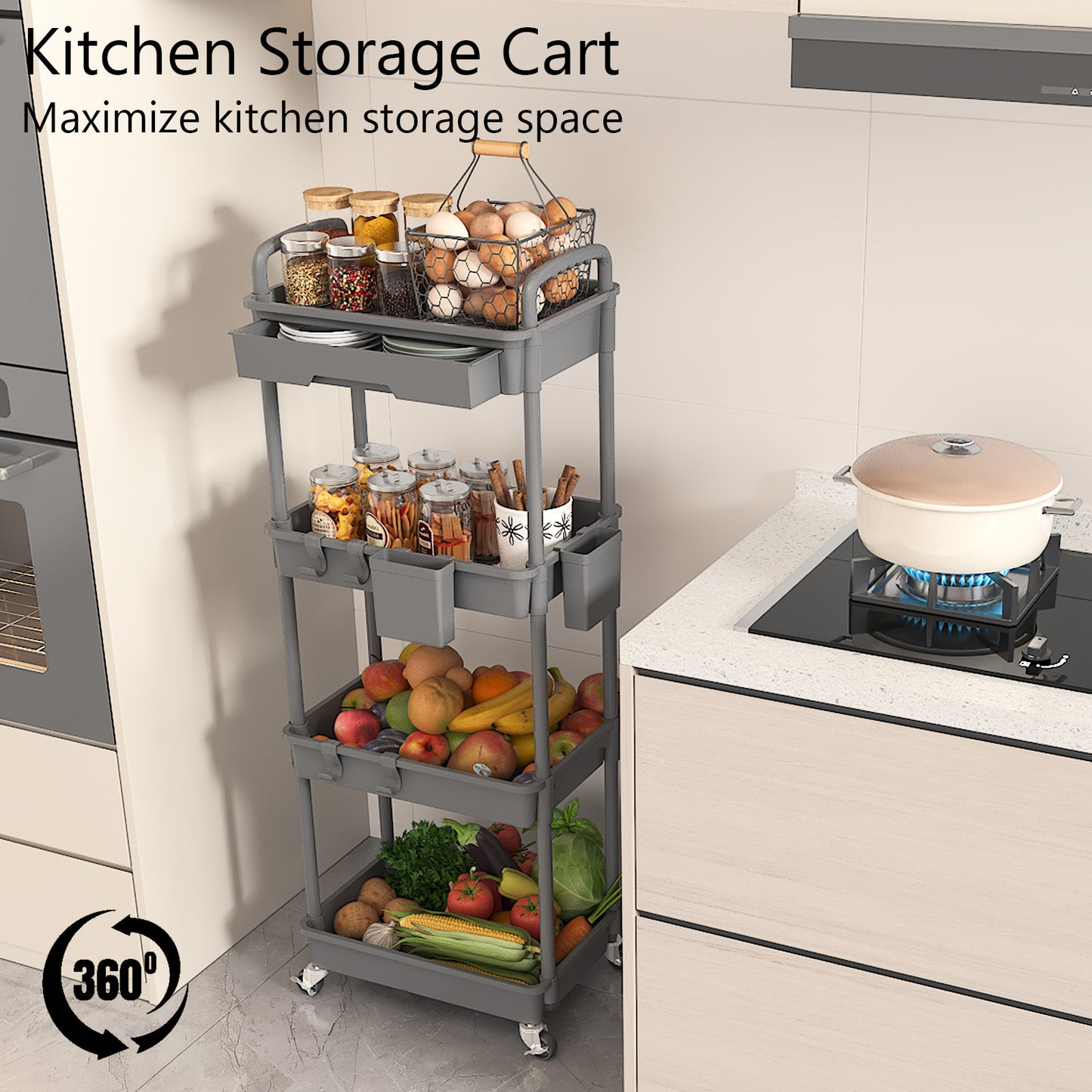 4 Tier Rolling Cart with Drawer, Utility cart with Handle, Bathroom Cart, Snack Cart, Storage Organizer with Lockable Wheels, Rolling Storage Cart for Kitchen, Bathroom, Office, 4 Tier