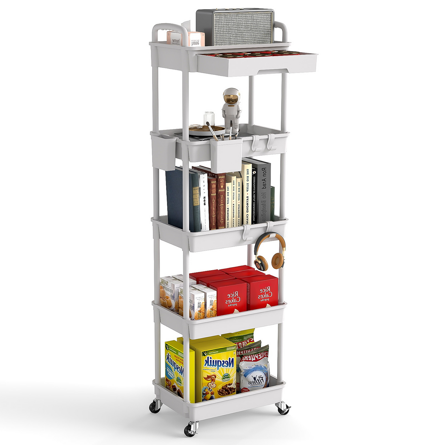 LLMRR 5 Tier Rolling Cart with Drawer, Utility cart with Handle, Bathroom Cart, Snack Cart, Storage Organizer with Lockable Wheels, Rolling Storage Cart for Kitchen, Bathroom, Office, 5 Tier