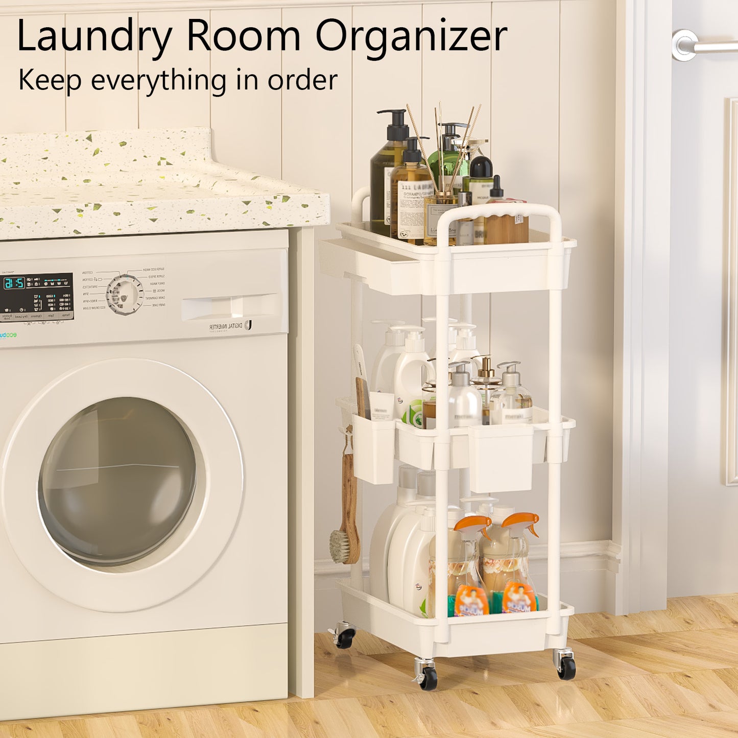 3 Tier Rolling Cart with Drawer, Utility cart with Handle, Bathroom Cart, Snack Cart, Storage Organizer with Lockable Wheels, Rolling Storage Cart for Kitchen, Bathroom, Office, 3 Tier