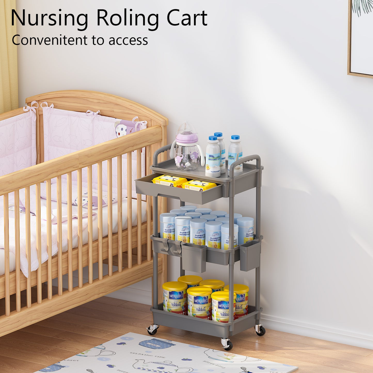 3 Tier Rolling Cart with Drawer, Utility cart with Handle, Bathroom Cart, Snack Cart, Storage Organizer with Lockable Wheels, Rolling Storage Cart for Kitchen, Bathroom, Office, 3 Tier