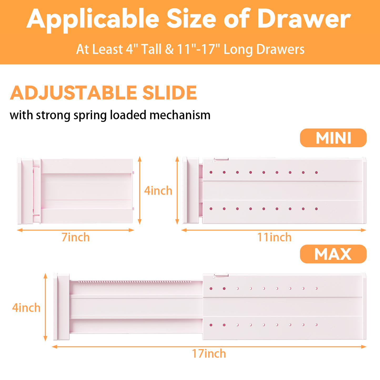 LLMRR Drawer Divider, 4" High, 11-17" Adjustable Drawer Dividers, Non-Slip Expandable Dresser Organizer for Baby Clothes, Bathroom, Bedroom, Kitchen and Office Storage