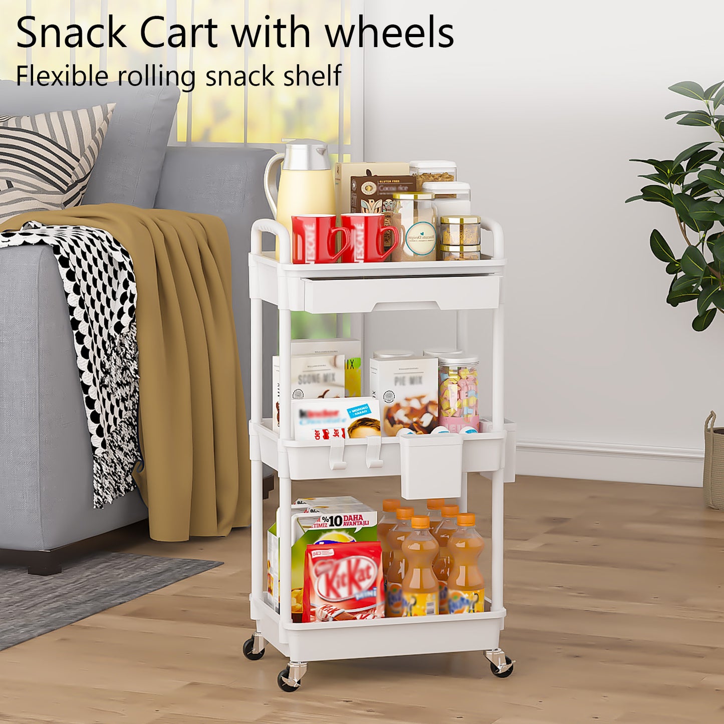 3 Tier Rolling Cart with Drawer, Utility cart with Handle, Bathroom Cart, Snack Cart, Storage Organizer with Lockable Wheels, Rolling Storage Cart for Kitchen, Bathroom, Office, 3 Tier