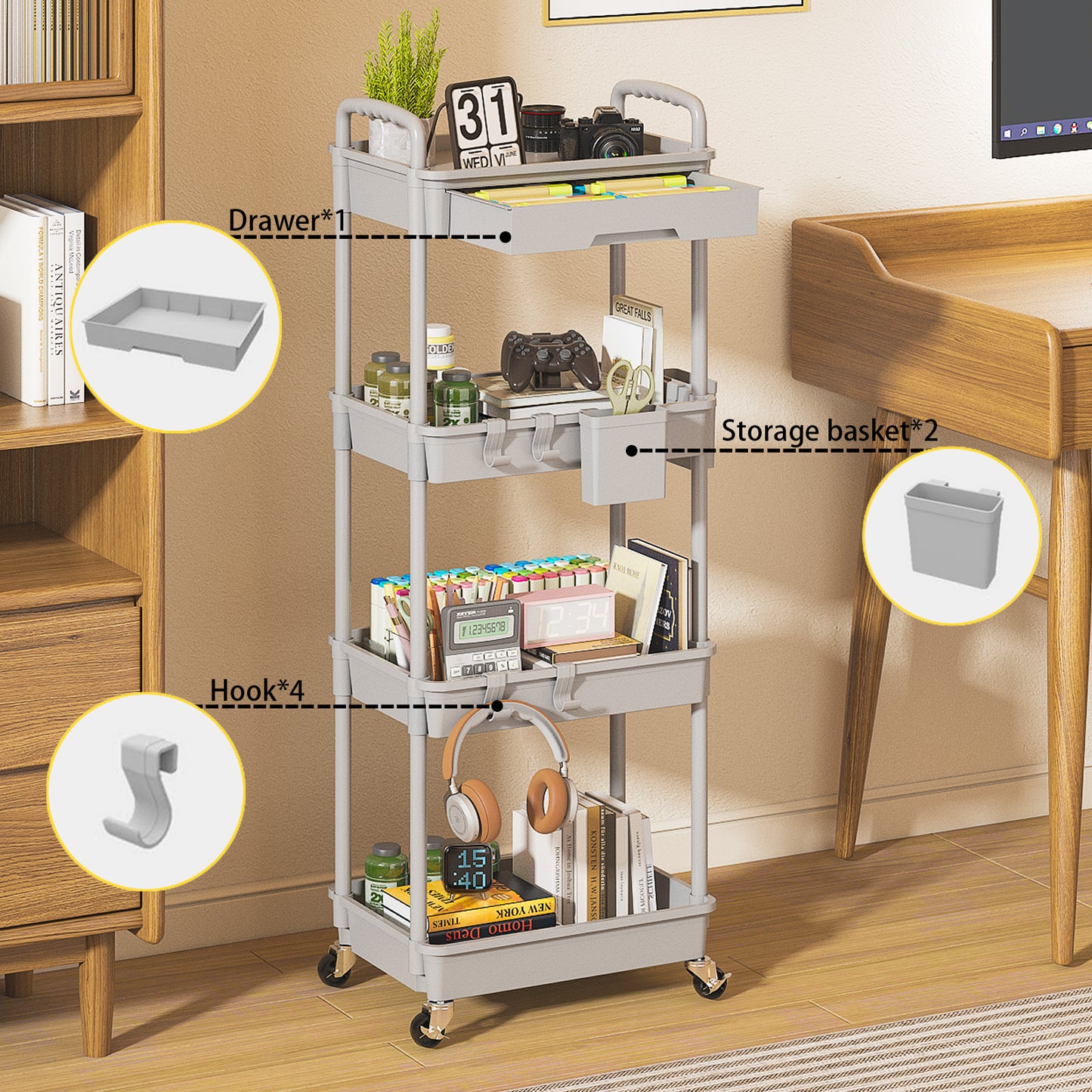 4 Tier Rolling Cart with Drawer, Utility cart with Handle, Bathroom Cart, Snack Cart, Storage Organizer with Lockable Wheels, Rolling Storage Cart for Kitchen, Bathroom, Office, 4 Tier