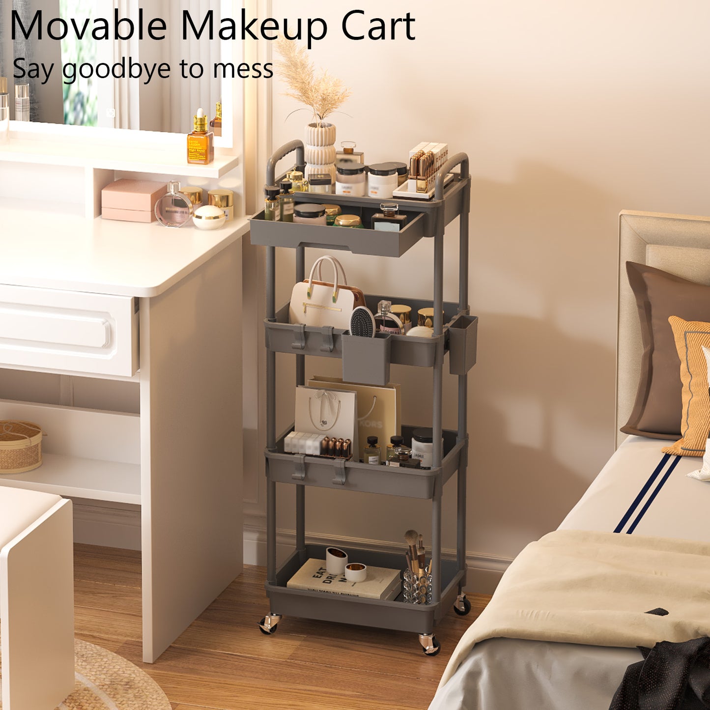 4 Tier Rolling Cart with Drawer, Utility cart with Handle, Bathroom Cart, Snack Cart, Storage Organizer with Lockable Wheels, Rolling Storage Cart for Kitchen, Bathroom, Office, 4 Tier