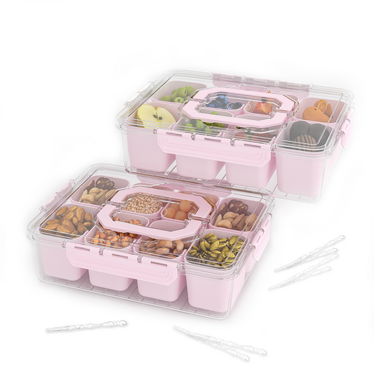 LLMRR Snackle Box Container, Divided Serving Tray with Lid and Handle, Portable Clear Snackle Box, Snack Box & Fruit Tray for Road Travel, Party, Veggie, Fruit, Candy