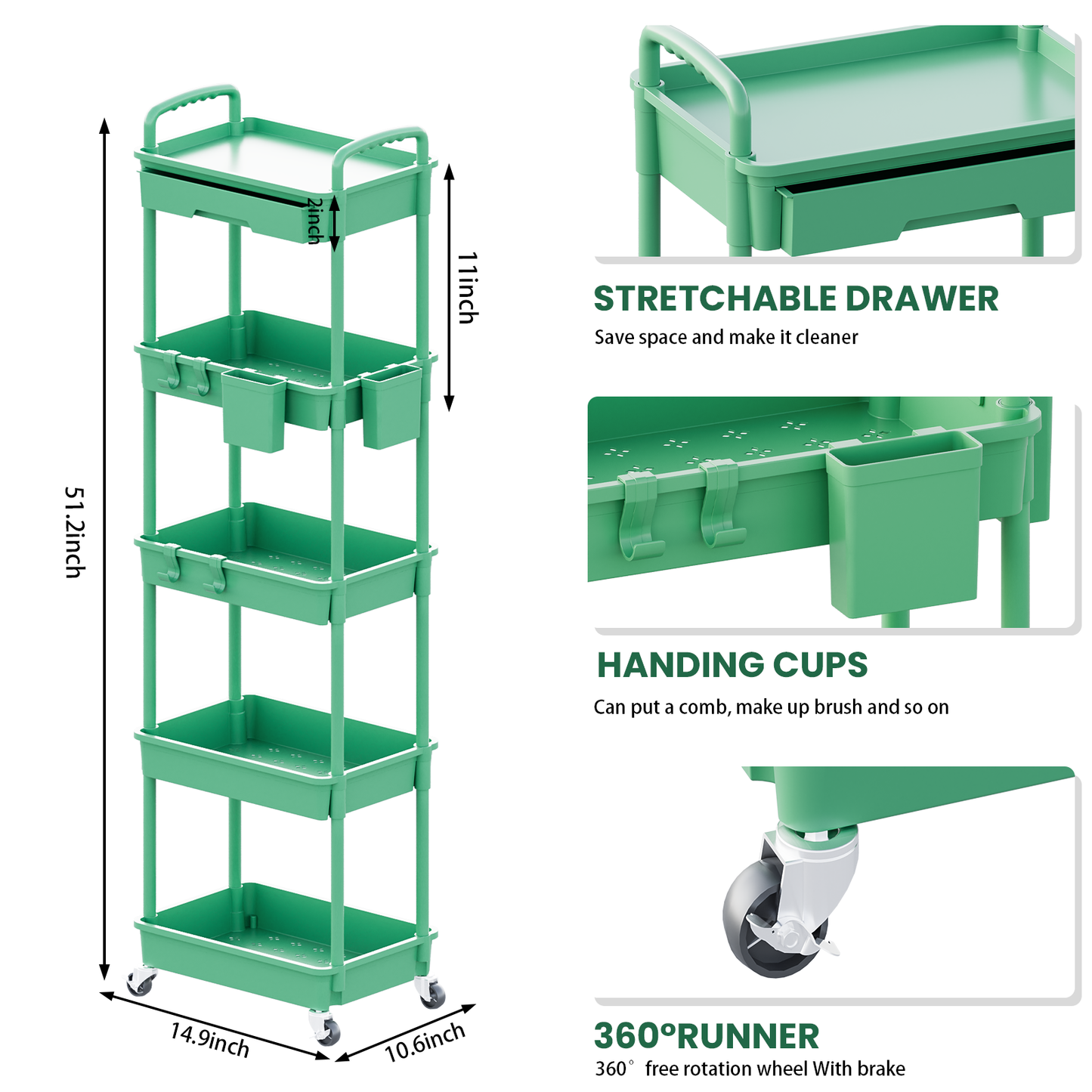 LLMRR 5 Tier Rolling Cart with Drawer, Utility cart with Handle, Bathroom Cart, Snack Cart, Storage Organizer with Lockable Wheels, Rolling Storage Cart for Kitchen, Bathroom, Office, 5 Tier