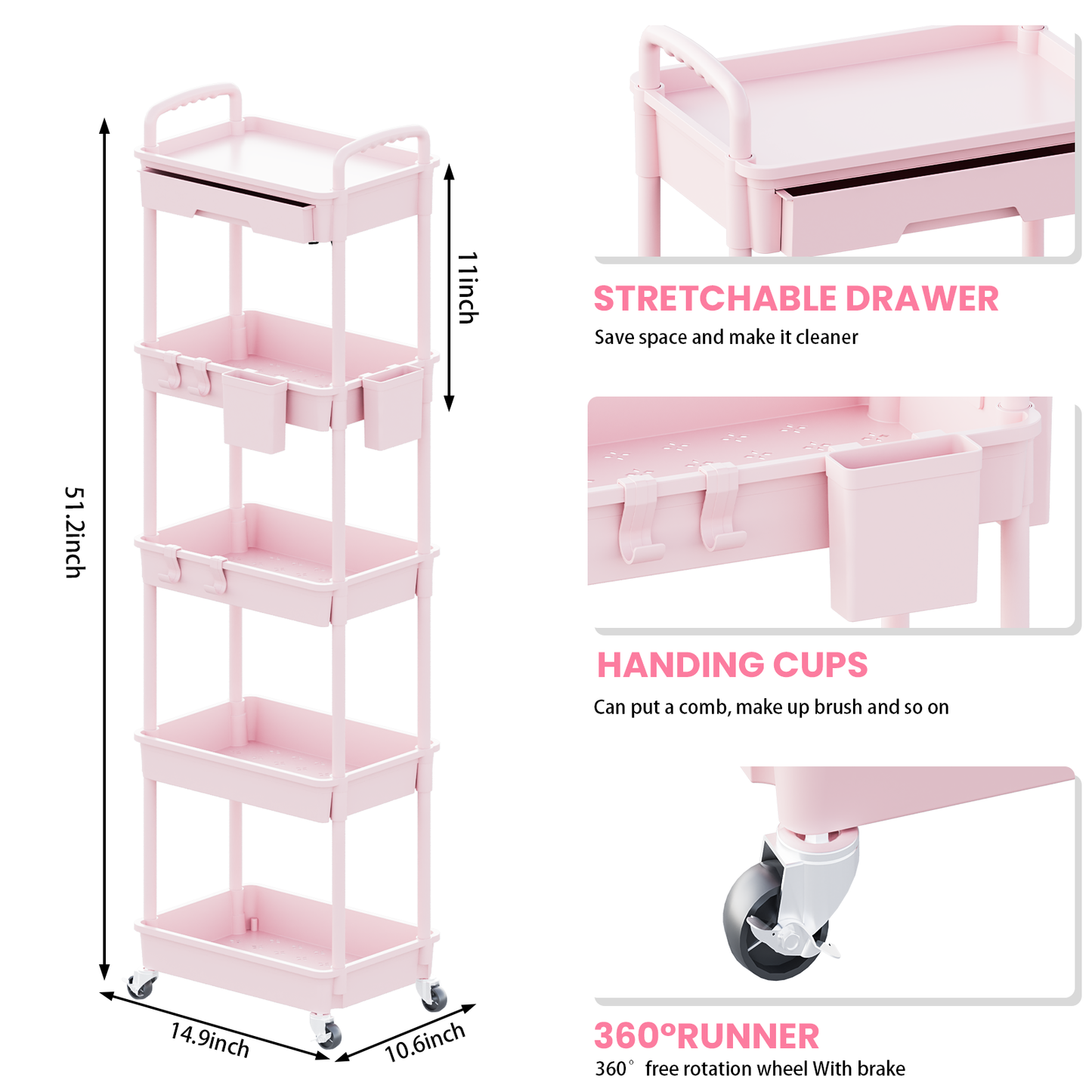 LLMRR 5 Tier Rolling Cart with Drawer, Utility cart with Handle, Bathroom Cart, Snack Cart, Storage Organizer with Lockable Wheels, Rolling Storage Cart for Kitchen, Bathroom, Office, 5 Tier