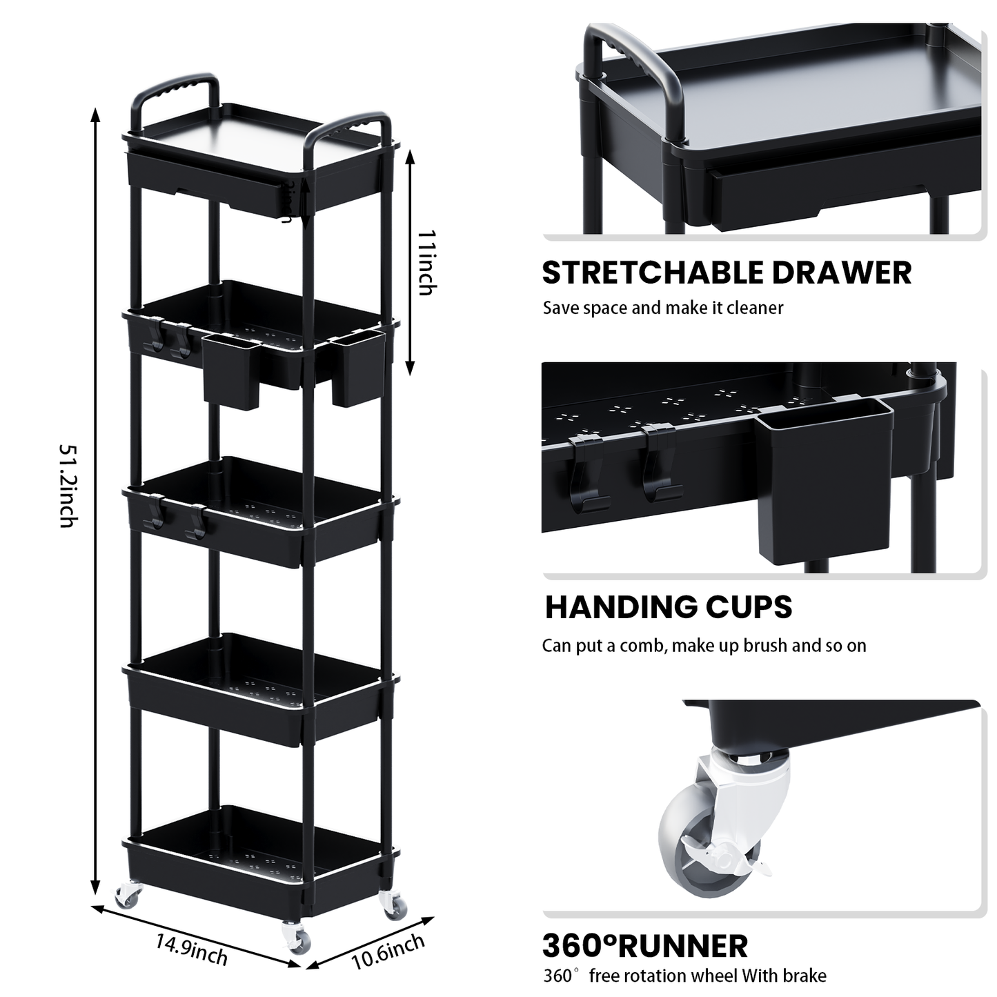 LLMRR 5 Tier Rolling Cart with Drawer, Utility cart with Handle, Bathroom Cart, Snack Cart, Storage Organizer with Lockable Wheels, Rolling Storage Cart for Kitchen, Bathroom, Office, 5 Tier