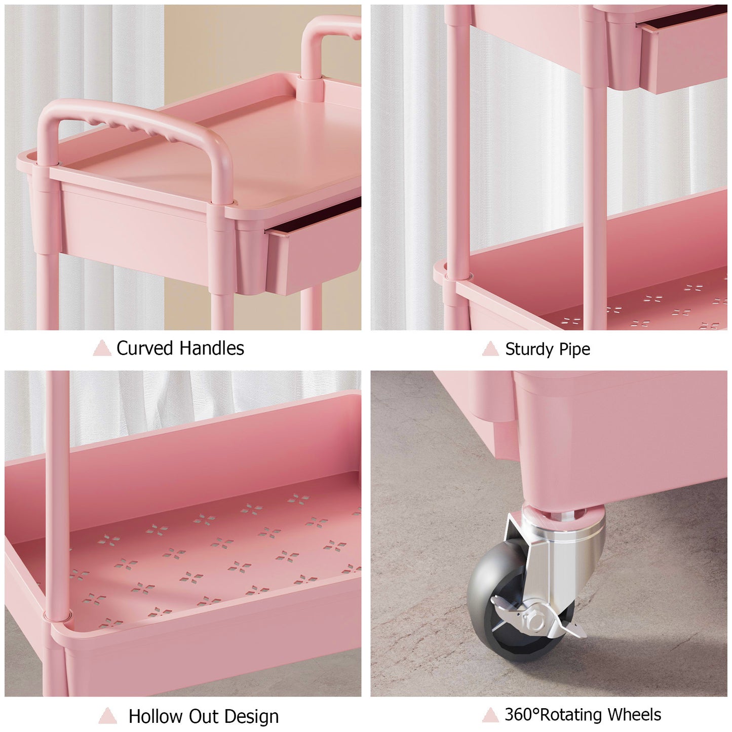 3 Tier Rolling Cart with Drawer, Utility cart with Handle, Bathroom Cart, Snack Cart, Storage Organizer with Lockable Wheels, Rolling Storage Cart for Kitchen, Bathroom, Office, 3 Tier