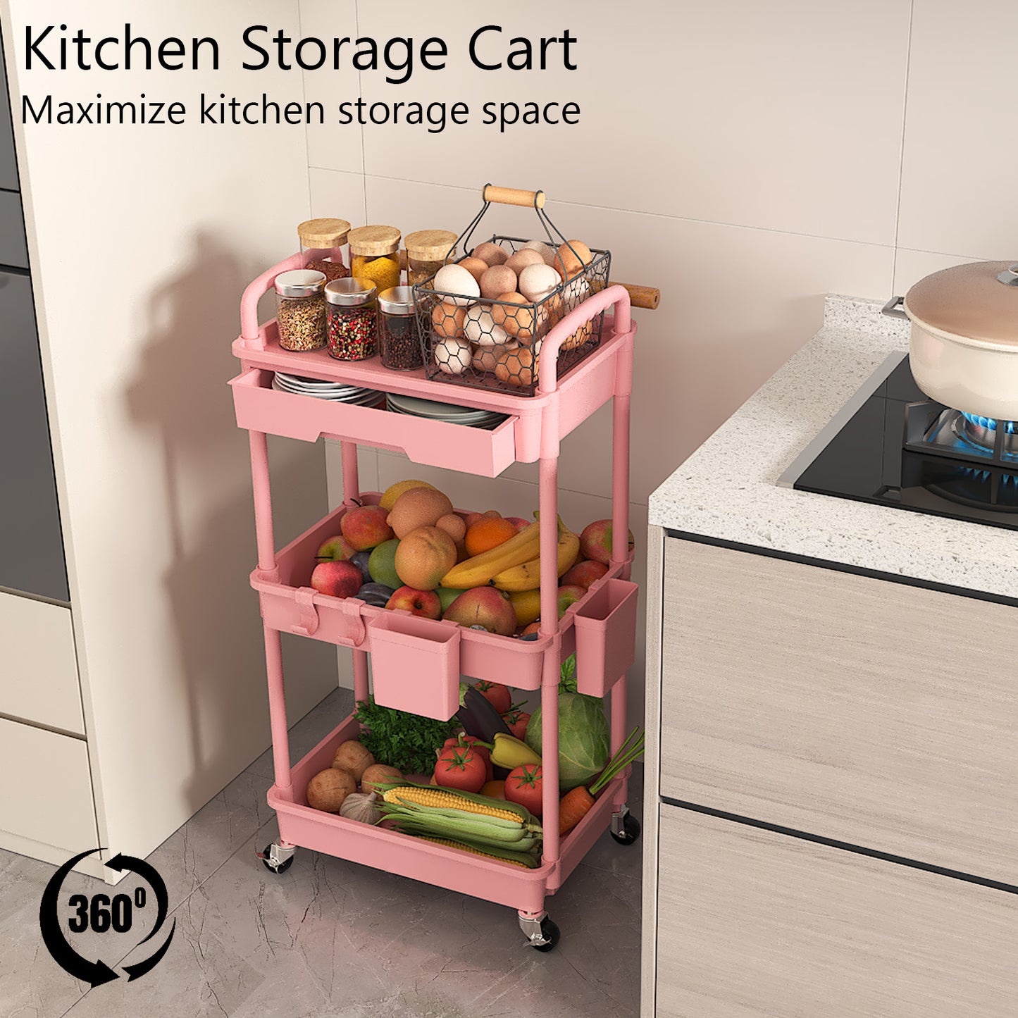 3 Tier Rolling Cart with Drawer, Utility cart with Handle, Bathroom Cart, Snack Cart, Storage Organizer with Lockable Wheels, Rolling Storage Cart for Kitchen, Bathroom, Office, 3 Tier