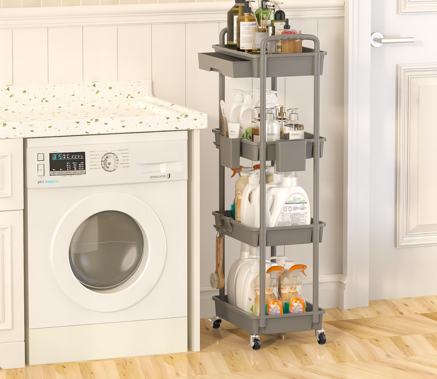 4 Tier Rolling Cart with Drawer, Utility cart with Handle, Bathroom Cart, Snack Cart, Storage Organizer with Lockable Wheels, Rolling Storage Cart for Kitchen, Bathroom, Office, 4 Tier