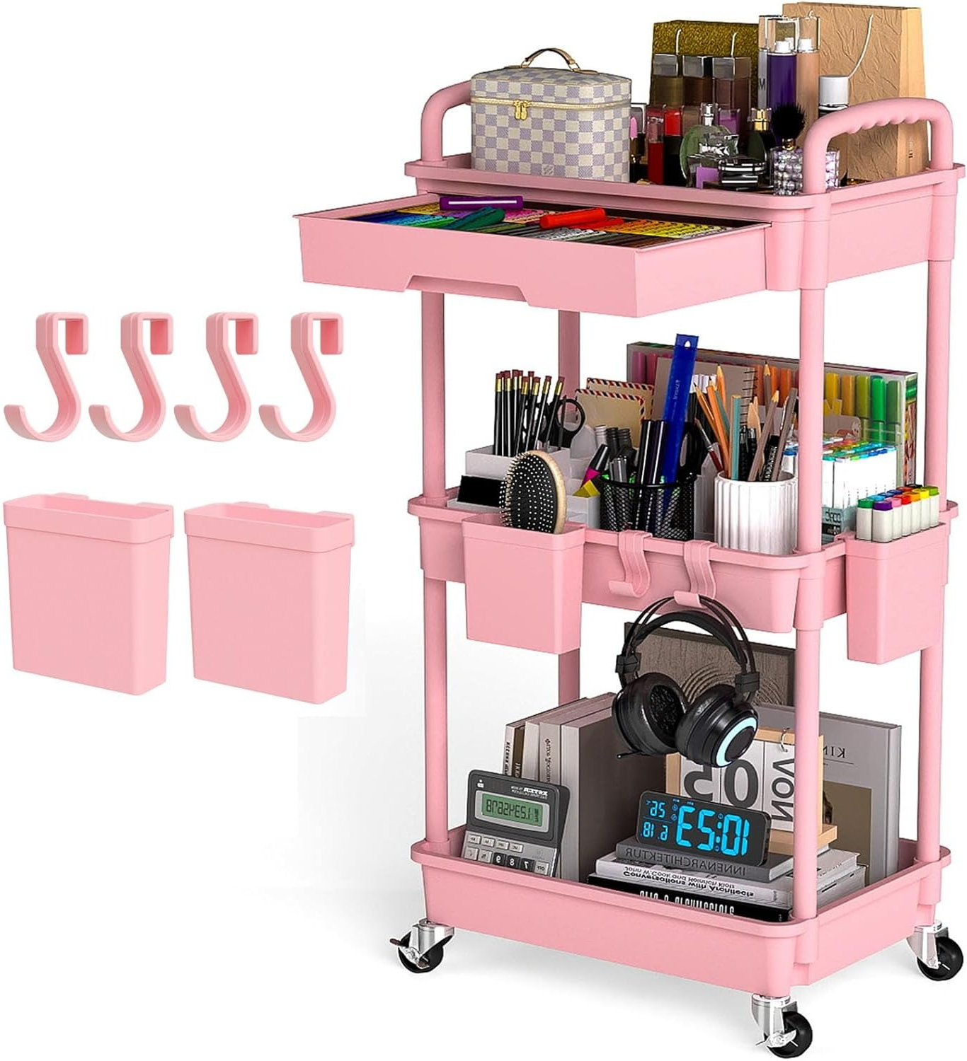 3 Tier Rolling Cart with Drawer, Utility cart with Handle, Bathroom Cart, Snack Cart, Storage Organizer with Lockable Wheels, Rolling Storage Cart for Kitchen, Bathroom, Office, 3 Tier