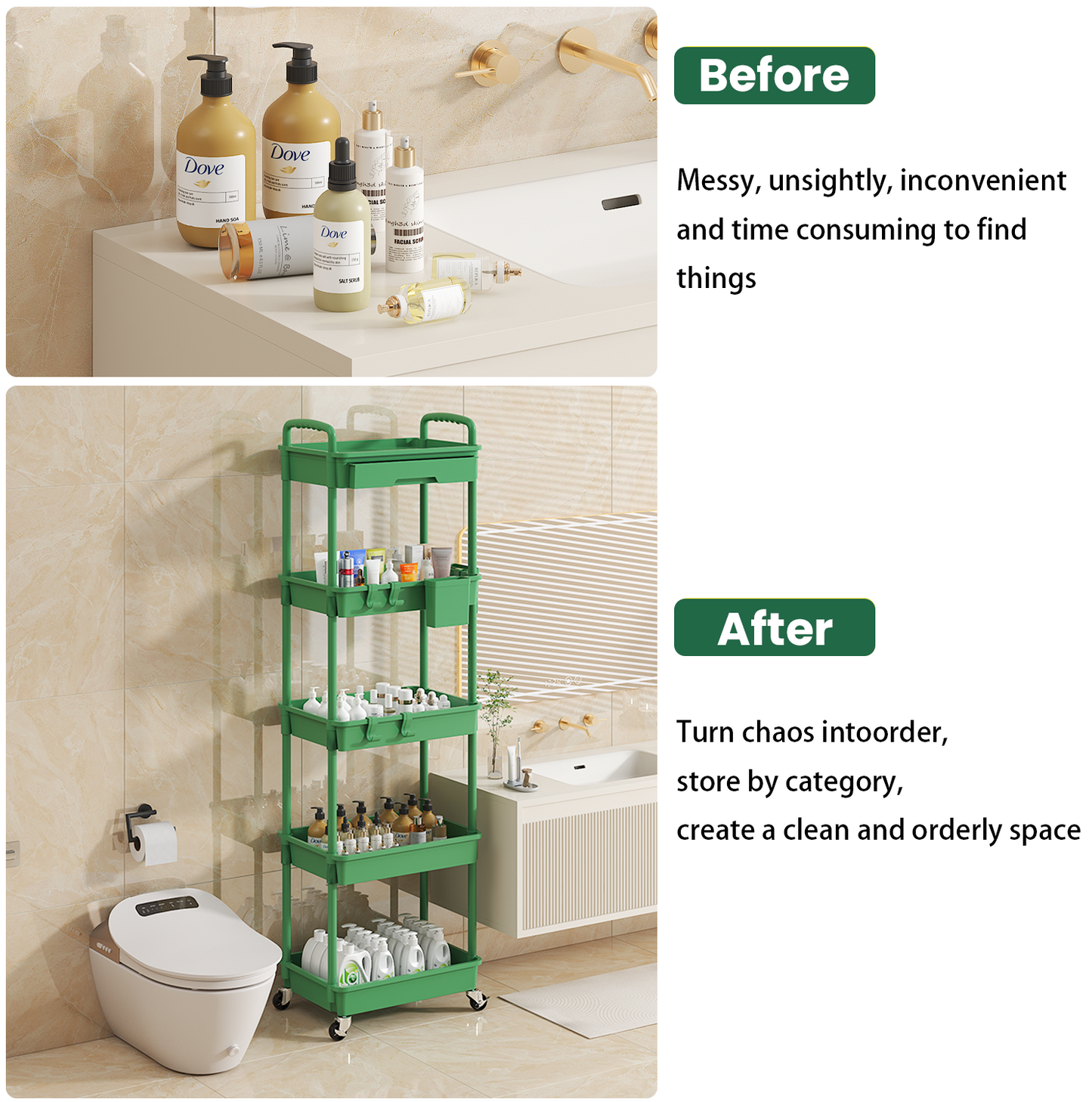 LLMRR 5 Tier Rolling Cart with Drawer, Utility cart with Handle, Bathroom Cart, Snack Cart, Storage Organizer with Lockable Wheels, Rolling Storage Cart for Kitchen, Bathroom, Office, 5 Tier